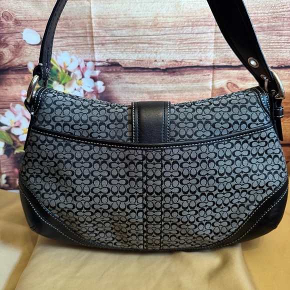 Coach Signature C Canvas Leather Trim Buckle Shoulder Bag Black Gray - Picture 3 of 10
